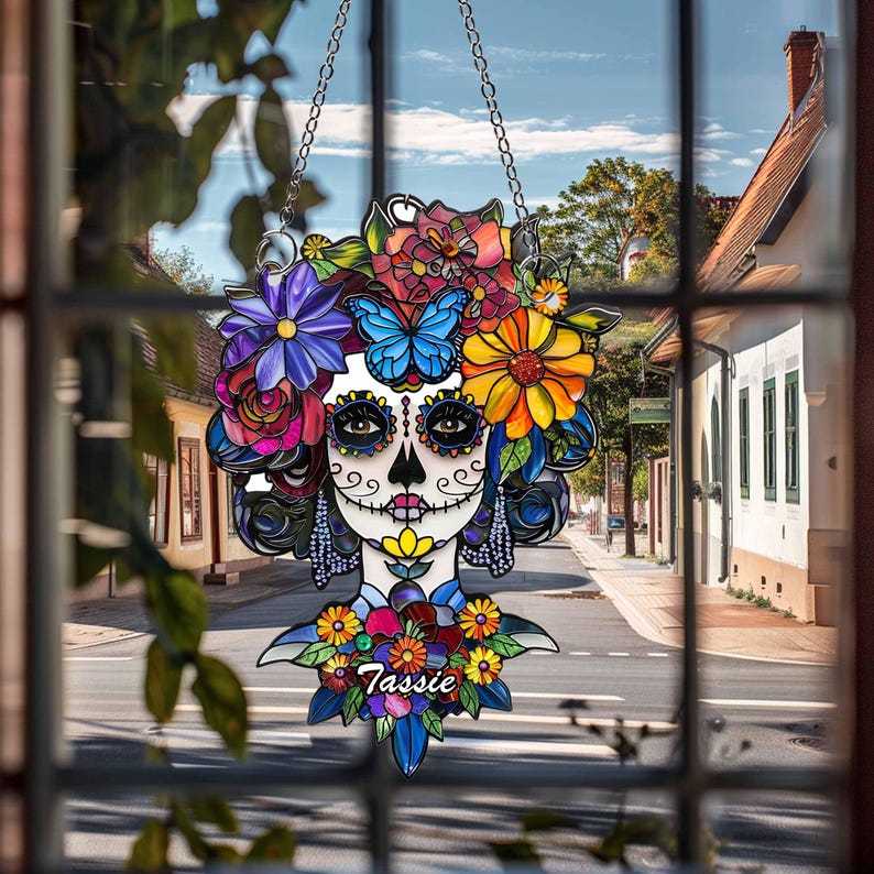 Day of the Dead Catrina Acrylic Suncatcher Ornament Sugar Skull Woman with Floral Crown, Colorful Stained Glasss Window Hanging Home Decor