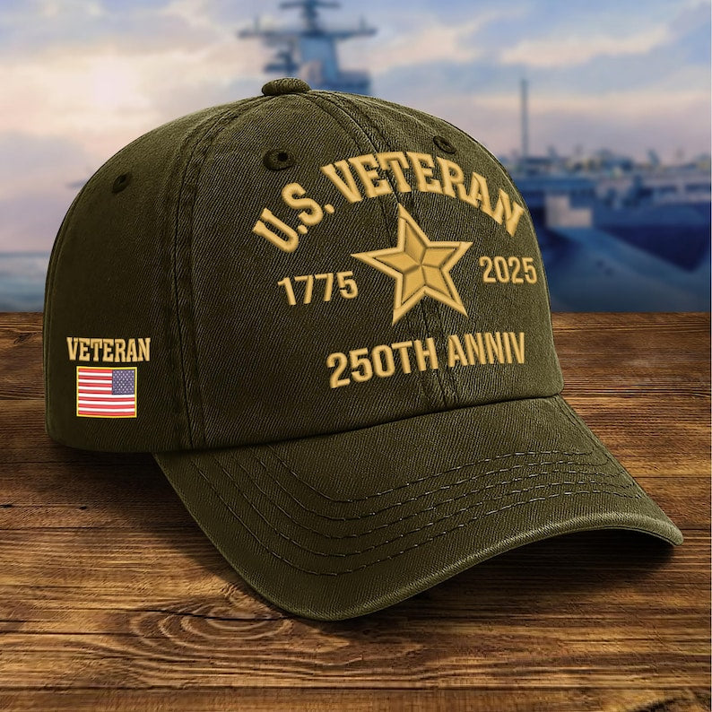 Embroidered Veteran Hats - 250th Anniv Military Cap, Embroidered Patch Design, Adjustable Baseball Cap, Father's Day Gift, Vets Gifts