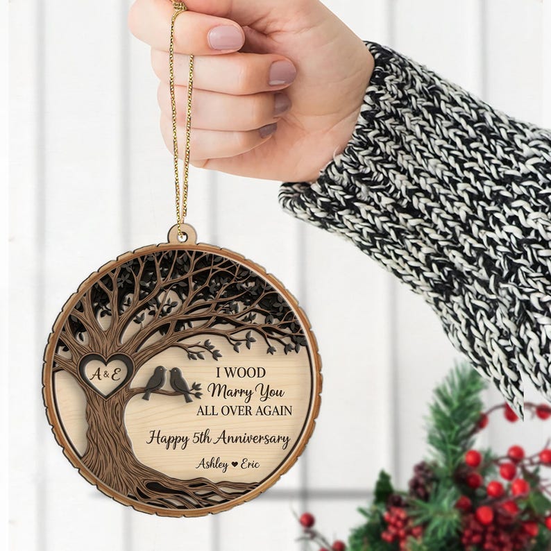 Personalized Anniversary Ornament: Wooden Couple's Keepsake