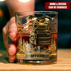 Police Officer Whiskey Glass, Gold Personalized Tumbler with Badge Design, Custom Name Law Enforcement Gift for Men, Barware Decor Gift