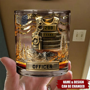 Police Officer Whiskey Glass, Gold Personalized Tumbler with Badge Design, Custom Name Law Enforcement Gift for Men, Barware Decor Gift