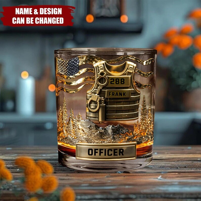 Police Officer Whiskey Glass, Gold Personalized Tumbler with Badge Design, Custom Name Law Enforcement Gift for Men, Barware Decor Gift