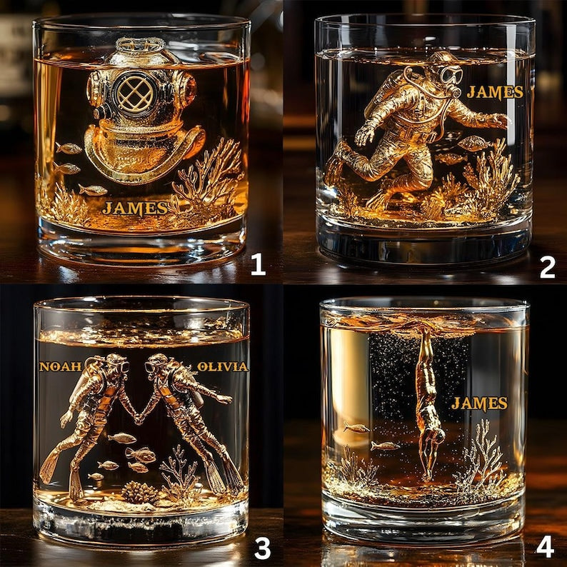 Scuba Diving Whiskey Glass, Personalized Diver Lover Whiskey Glass Gold, Ocean Diving Whiskey Cup, Vintage Barware Gift For Him