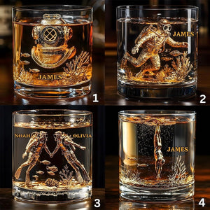 Scuba Diving Whiskey Glass, Personalized Diver Lover Whiskey Glass Gold, Ocean Diving Whiskey Cup, Vintage Barware Gift For Him