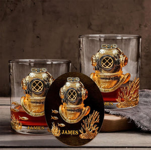Scuba Diving Whiskey Glass, Personalized Diver Lover Whiskey Glass Gold, Ocean Diving Whiskey Cup, Vintage Barware Gift For Him