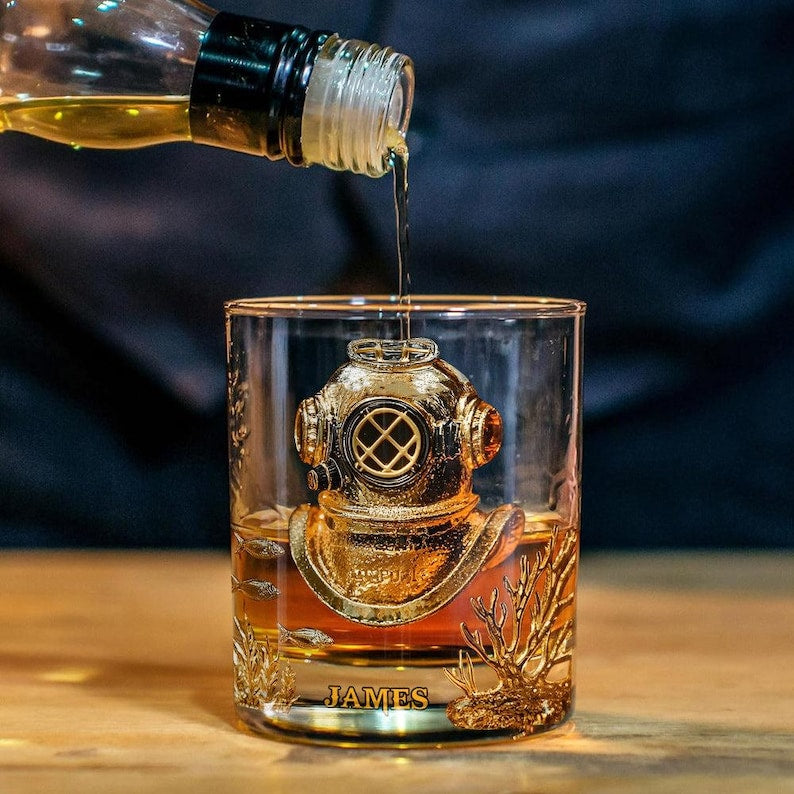 Scuba Diving Whiskey Glass, Personalized Diver Lover Whiskey Glass Gold, Ocean Diving Whiskey Cup, Vintage Barware Gift For Him