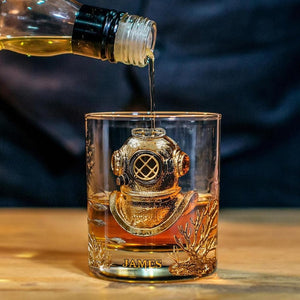 Scuba Diving Whiskey Glass, Personalized Diver Lover Whiskey Glass Gold, Ocean Diving Whiskey Cup, Vintage Barware Gift For Him