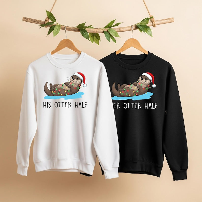 Matching Christmas Couples Sweaters, Funny His Hers Otter Half Holiday Sweater, Cozy Xmas Crewneck Gift for Him & Her, Festive Couple Gifts