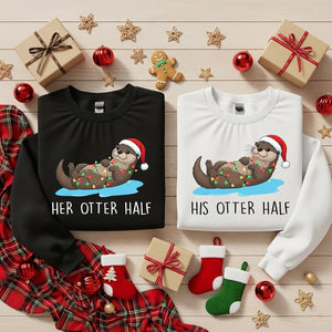 Matching Christmas Couples Sweaters, Funny His Hers Otter Half Holiday Sweater, Cozy Xmas Crewneck Gift for Him & Her, Festive Couple Gifts