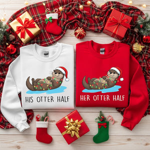 Matching Christmas Couples Sweaters, Funny His Hers Otter Half Holiday Sweater, Cozy Xmas Crewneck Gift for Him & Her, Festive Couple Gifts