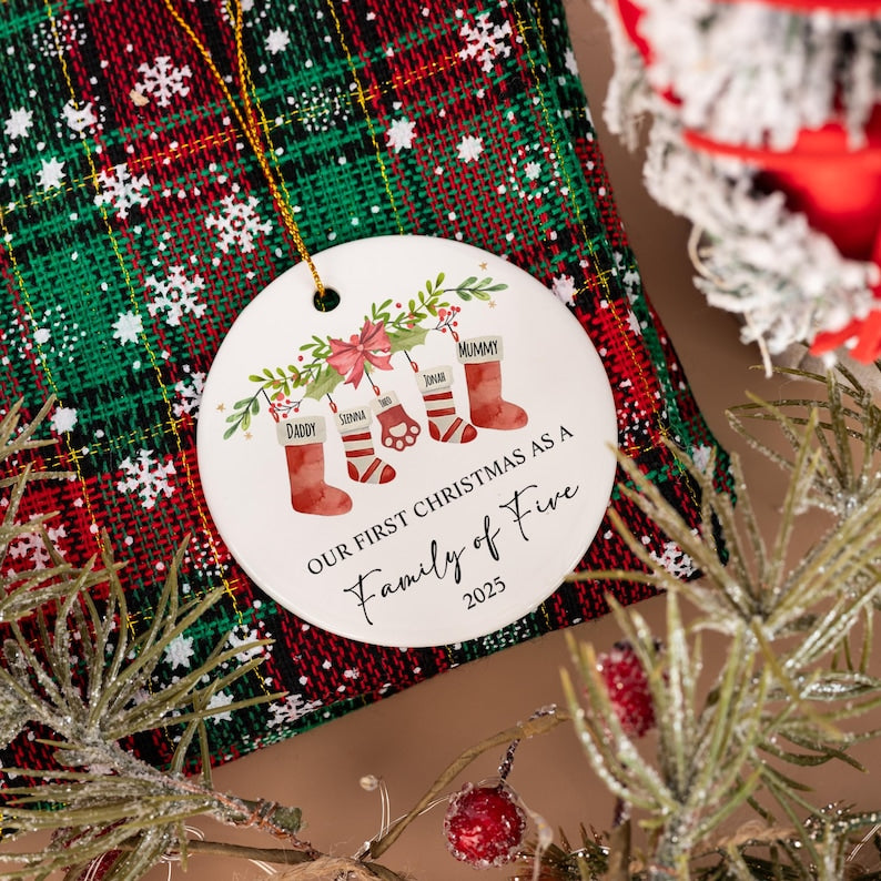 Our First Christmas As A Four, Baby First Christmas Tree Ornament with Pet, First Christmas as a Family of 4, Ceramic Bauble Keepsake Gift