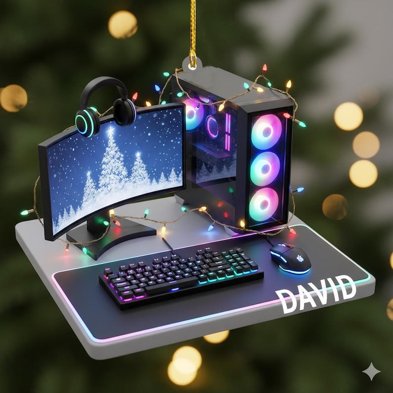 Personalized Gamer PC Ornament, Custom Gaming Computer Christmas Decoration with Name, RGB Lights Desk Setup Gift for Gamers