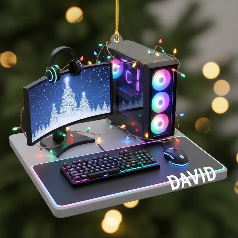 Personalized Gamer PC Ornament, Custom Gaming Computer Christmas Decoration with Name, RGB Lights Desk Setup Gift for Gamers