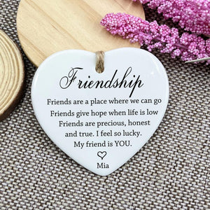 Friendship Heart Ornament | Personalized Ceramic Keepsake with Quote | Custom Gift for Best Friend or Coworker