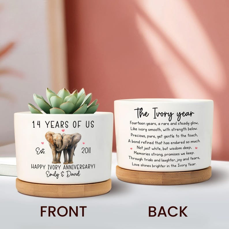 14th Ivory Wedding Anniversary Plant Pot, 14th Wedding Anniversary Gifts, 14 Years Anniversary, Couples Gifts, Gifts for Wife,The Ivory Year