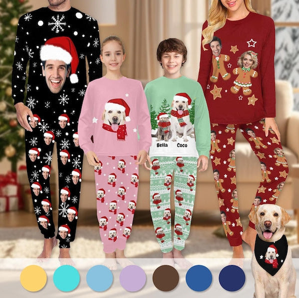 Personalized Christmas Family Pajamas Set, Custom Face Pajamas Sets for Men Women Kids, Xmas Matching Family Pjs, Couple Pajamas, Xmas Gifts