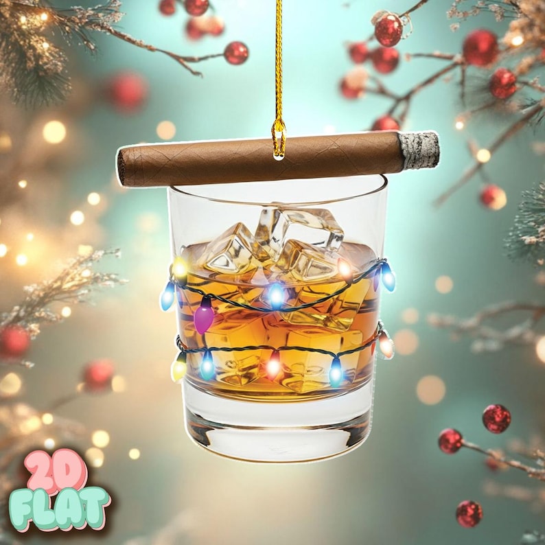 Personalized Whiskey Glass Christmas Ornament with Cigar and Lights, Funny Bourbon Holiday Gift for Men, Whiskey Lover Xmas Tree Decoration