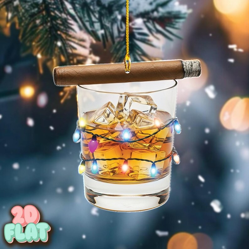 Personalized Whiskey Glass Christmas Ornament with Cigar and Lights, Funny Bourbon Holiday Gift for Men, Whiskey Lover Xmas Tree Decoration