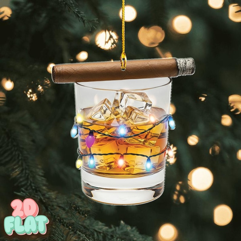 Personalized Whiskey Glass Christmas Ornament with Cigar and Lights, Funny Bourbon Holiday Gift for Men, Whiskey Lover Xmas Tree Decoration