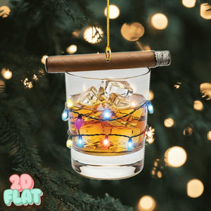 Personalized Whiskey Glass Christmas Ornament with Cigar and Lights, Funny Bourbon Holiday Gift for Men, Whiskey Lover Xmas Tree Decoration