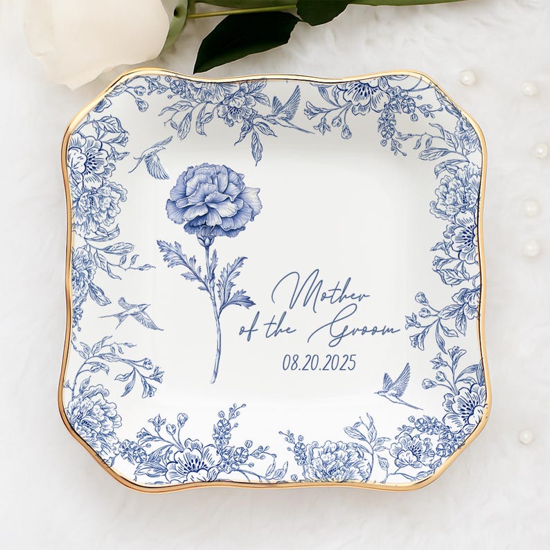 Custom Jewelry Dish For Mother Of The Groom, To My Mother in Law On Wedding Day, Toile De Jouy Gift For Mother in Law, Mom Flower Ring Dish