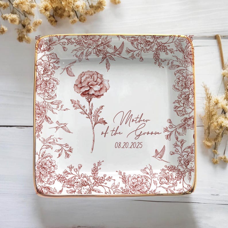 Custom Jewelry Dish For Mother Of The Groom, To My Mother in Law On Wedding Day, Toile De Jouy Gift For Mother in Law, Mom Flower Ring Dish