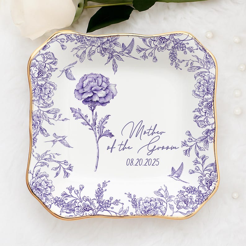 Custom Jewelry Dish For Mother Of The Groom, To My Mother in Law On Wedding Day, Toile De Jouy Gift For Mother in Law, Mom Flower Ring Dish