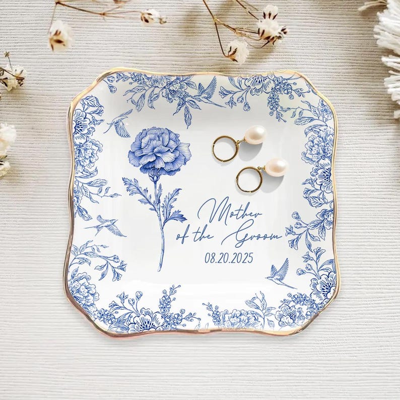 Custom Jewelry Dish For Mother Of The Groom, To My Mother in Law On Wedding Day, Toile De Jouy Gift For Mother in Law, Mom Flower Ring Dish