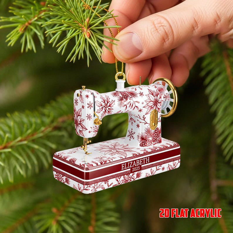 Personalized Toile de Jouy Sewing Machine Ornament: Custom Acrylic Christmas Decor