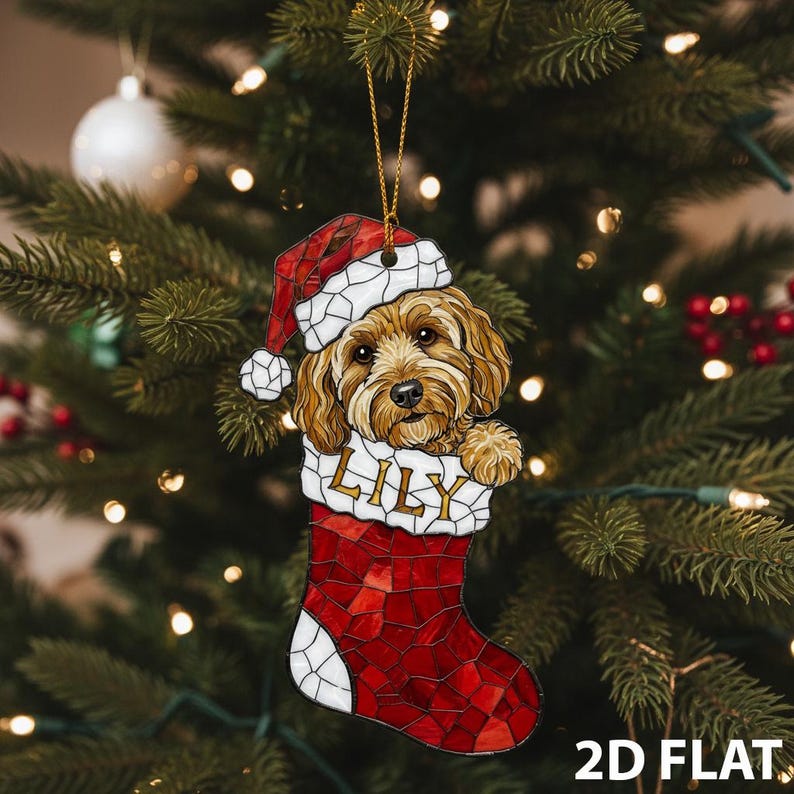Goldendoodle Christmas 2D FLAT Ornament, Personalized Dog Stocking Decoration, Custom Pet Name Xmas Tree Gift for Dog Lovers