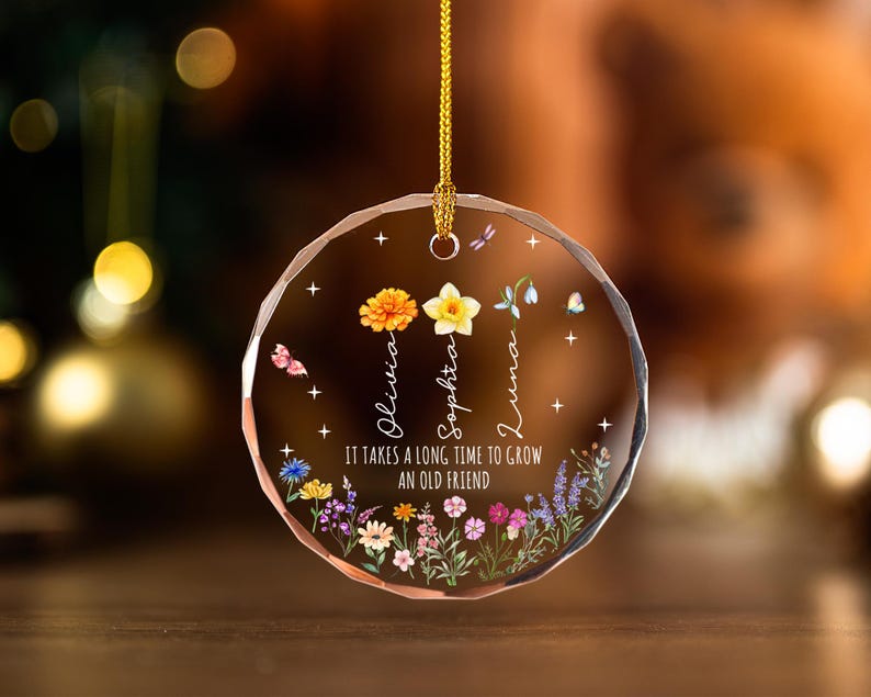Personalized Stained Glass Friendship Ornament,Best Friend Birth Flower Ornament With Name,It Takes A Long Time To Grow An Old Friend