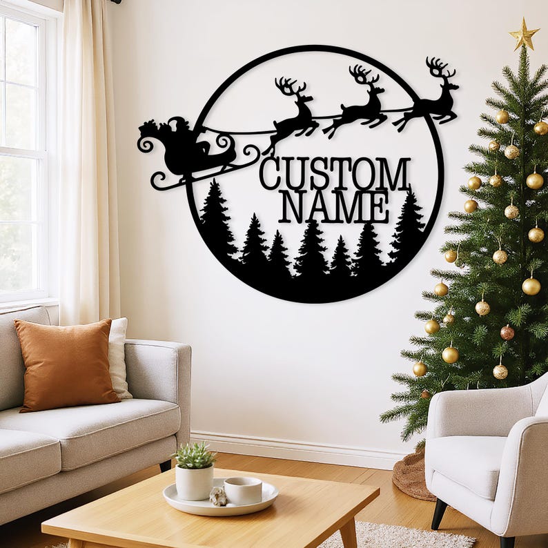 Santa Metal Christmas Wall Art, Merry Christmas Wall Decor, Deer Sign, Santa's Sleigh Wall Sign, Christmas Gift, Reign Deer, Front Door Sign