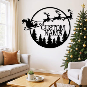 Santa Metal Christmas Wall Art, Merry Christmas Wall Decor, Deer Sign, Santa's Sleigh Wall Sign, Christmas Gift, Reign Deer, Front Door Sign