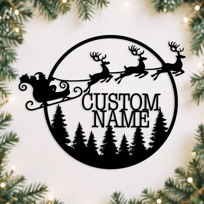 Santa Metal Christmas Wall Art, Merry Christmas Wall Decor, Deer Sign, Santa's Sleigh Wall Sign, Christmas Gift, Reign Deer, Front Door Sign