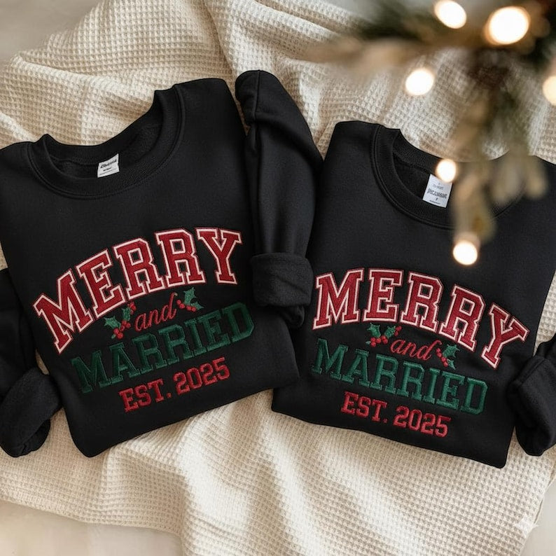 EMBROIDERED Merry and Married Sweatshirt, Christmas Newlywed Matching Couple Sweaters, Christmas Wedding Sweater, Christmas Couple Shirts
