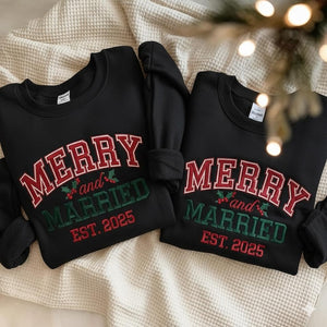 Embroidered Merry and Married Sweatshirt, Christmas Newlywed Couple Sweater, Matching Holiday Honeymoon Crewneck, Married Est 2025 Shirt