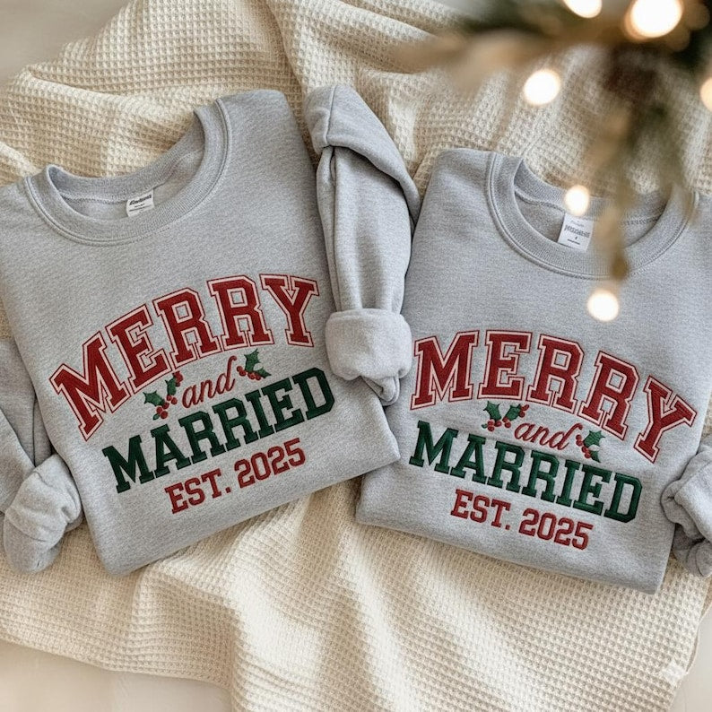 EMBROIDERED Merry and Married Sweatshirt, Christmas Newlywed Matching Couple Sweaters, Christmas Wedding Sweater, Christmas Couple Shirts