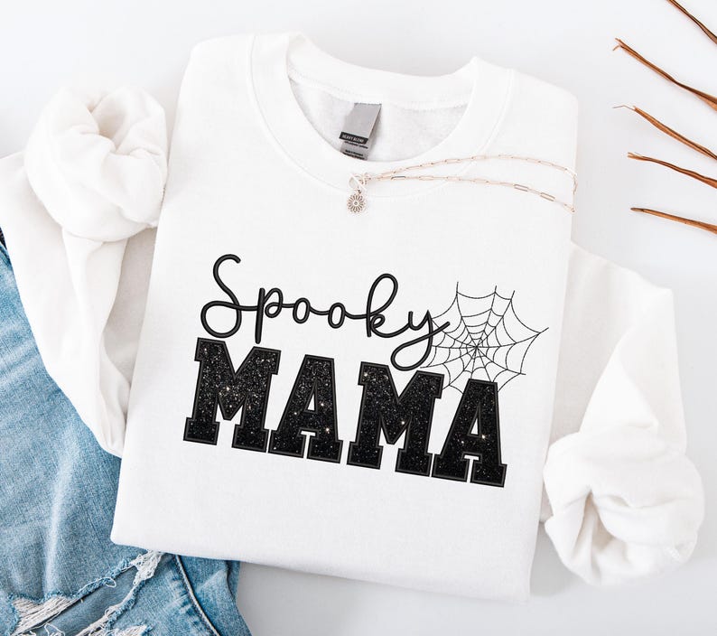 Embroidered Spooky Mama Sweatshirt, Black Glitter Shirt, Spooky Season Mom Shirt, Fall Mama Sweatshirt, Halloween Gift for Mothers