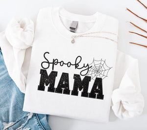 Embroidered Spooky Mama Sweatshirt, Black Glitter Shirt, Spooky Season Mom Shirt, Fall Mama Sweatshirt, Halloween Gift for Mothers