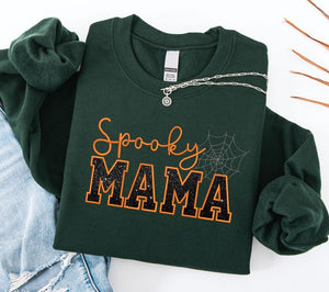 Embroidered Spooky Mama Sweatshirt, Black Glitter Shirt, Spooky Season Mom Shirt, Fall Mama Sweatshirt, Halloween Gift for Mothers