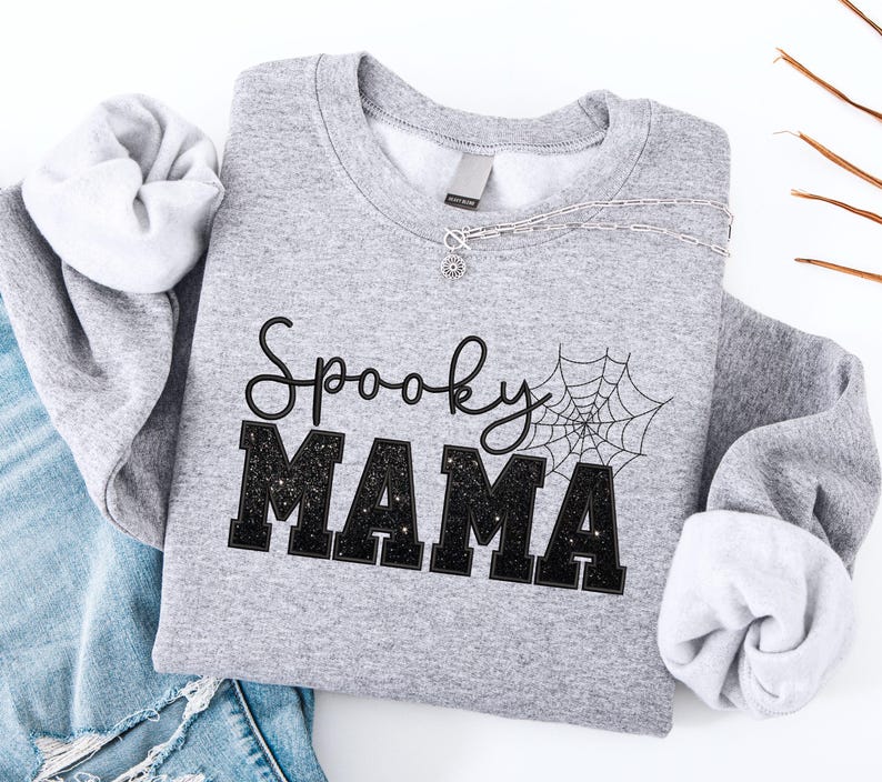 Embroidered Spooky Mama Sweatshirt, Black Glitter Shirt, Spooky Season Mom Shirt, Fall Mama Sweatshirt, Halloween Gift for Mothers