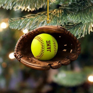 Personalized Softball & Glove Ornament, Christmas Tree Hanging Decor, Custom Name 2D Flat Softball Acrylic Ornament Gift for Softball Lovers