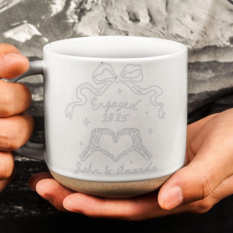 Personalised Engraved Engagement Pottery Mug, Custom Wedding Mugs, Engagement Gift For Her, Wedding Gift for Couple, Bridal Shower Gift