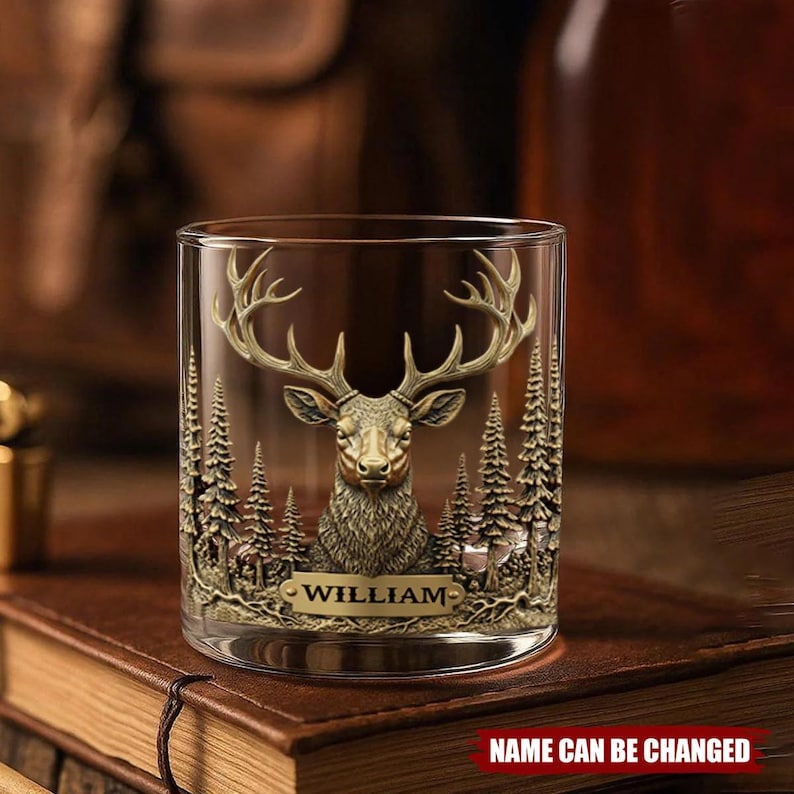 Deer Hunter Whiskey Glass Golden, Personalized Whiskey Glass, Wine Glass for Drinking Lover, Custom Whiskey Glass, Gift for Husband &
