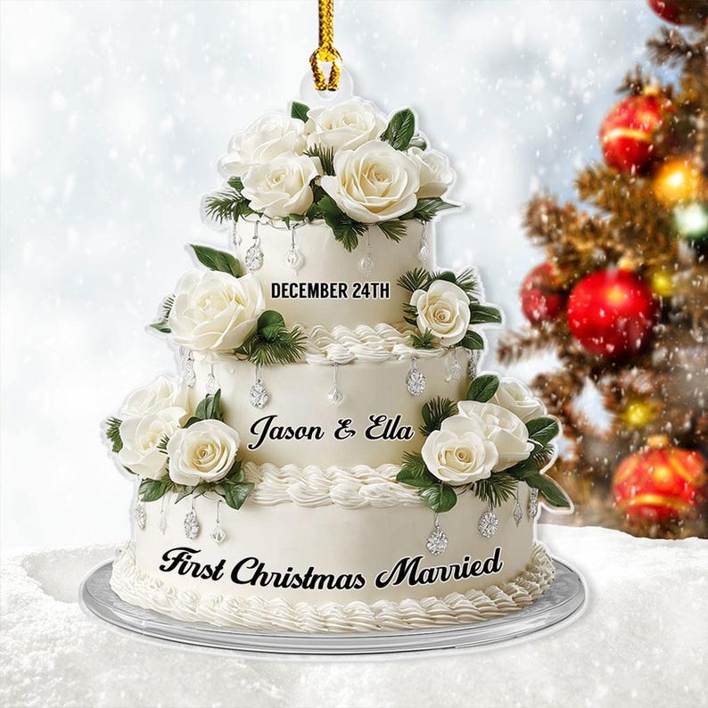 Personalized First Christmas Married Ornament, Wedding Christmas Cake Ornament, Custom Couple Ornament, Mr Mrs Ornament, Wedding Ornament