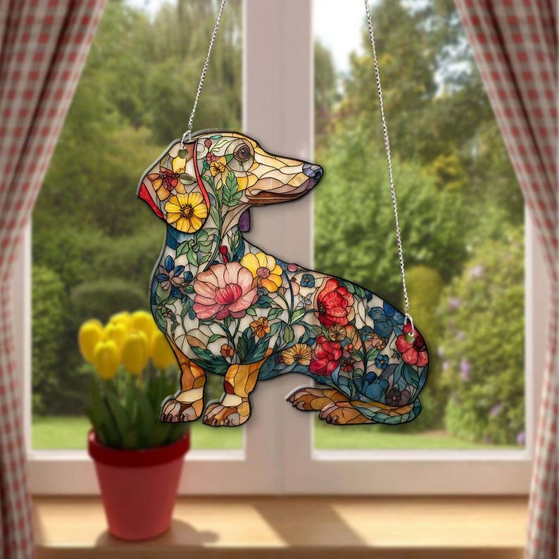 Floral Dachshund ACRYLIC Suncatcher: Personalized Doxie Pet Memorial Ornament