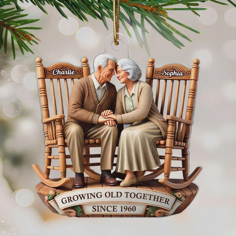 Going Old Together Couple Ornament, 2D Flat Rocking Chairs Acrylic Keepsake, Sitting Together Vintage Christmas Gift