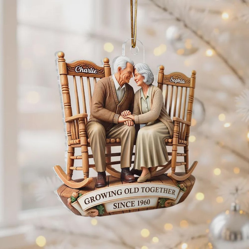 Going Old Together Couple Ornament, 2D Flat Rocking Chairs Acrylic Keepsake, Sitting Together Vintage Christmas Gift
