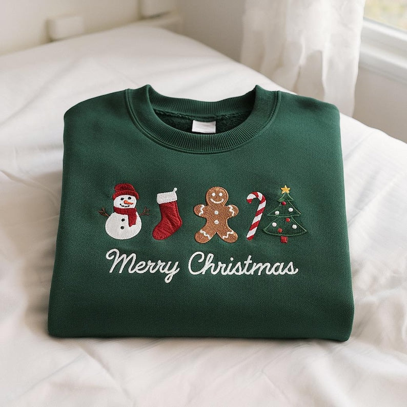 Embroidered Merry Christmas Sweatshirt, Embroidered Gingerbread Sweatshirt, Embroidered Christmas Crewneck Sweatshirt, Custom Xmas Gift