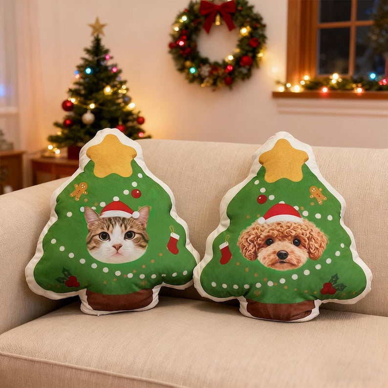 Custom Pet Christmas Tree Pillow, Personalized Dog Cat Xmas Cushion, Holiday Gift for Pet Lovers, Cute Christmas Home Decor